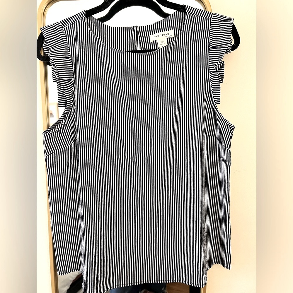 LAST CALL!! Monteau Tank Navy Blue & White Striped Ruffle Sleeveless Size M